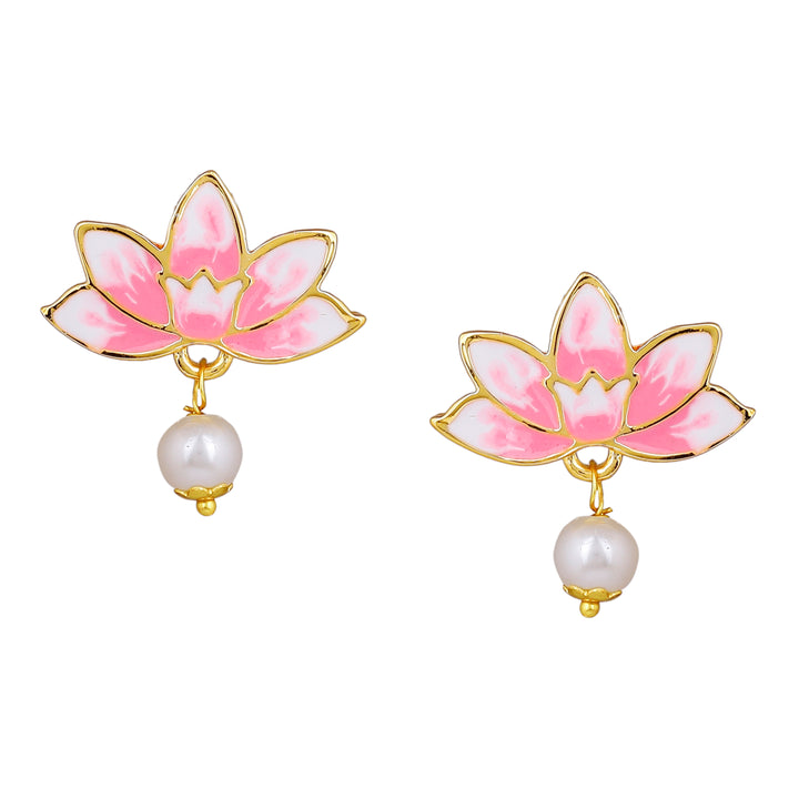 Estele Gold Plated Fascinating Lotus Designer Pearl Necklace Set with Pink Enamel for Girl's & Women