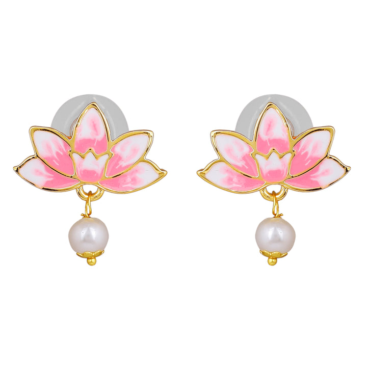 Estele Gold Plated Fascinating Lotus Designer Pearl Necklace Set with Pink Enamel for Girl's & Women