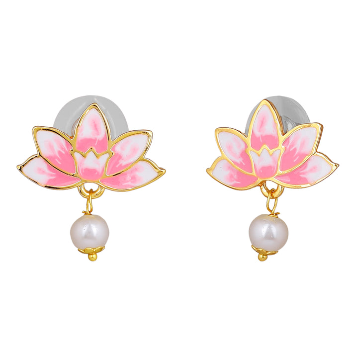Estele Gold Plated Fascinating Lotus Designer Pearl Necklace Set with Pink Enamel for Girl's & Women