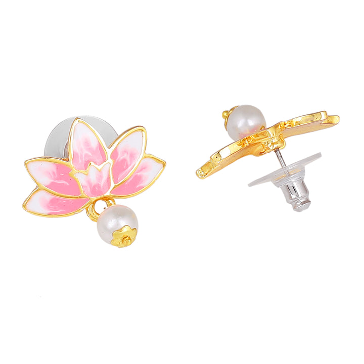 Estele Gold Plated Fascinating Lotus Designer Pearl Necklace Set with Pink Enamel for Girl's & Women