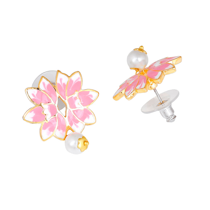 Estele Gold Plated Latest Lotus Designer Pearl Choker Necklace Set with Pink Enamel for Girl's & Women