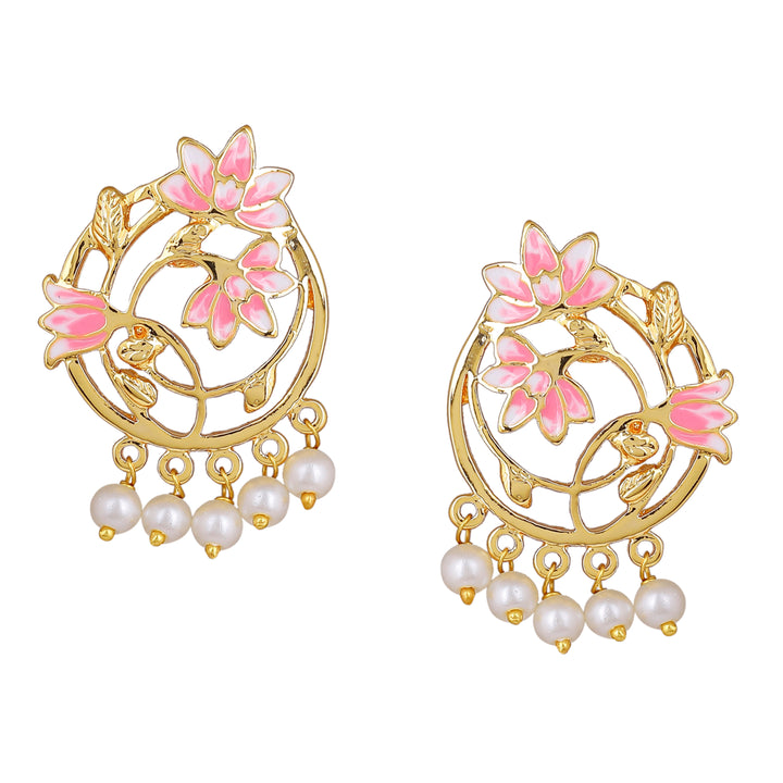 Estele Gold Plated Stylish Lotus Designer Pearl Choker Necklace Set with Pink Enamel for Girl's & Women