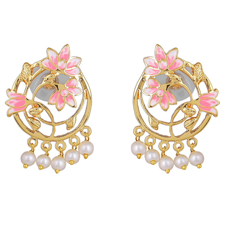 Estele Gold Plated Stylish Lotus Designer Pearl Choker Necklace Set with Pink Enamel for Girl's & Women