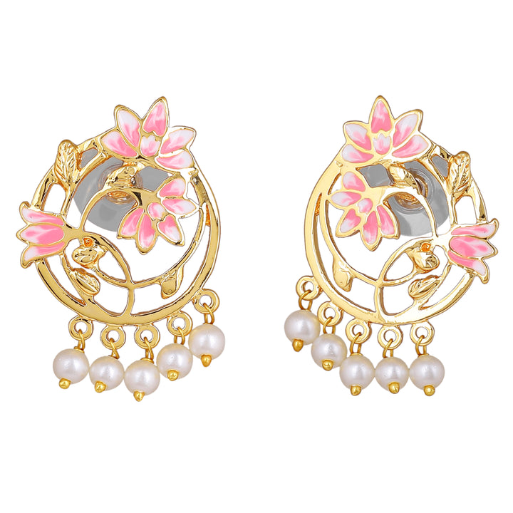 Estele Gold Plated Stylish Lotus Designer Pearl Choker Necklace Set with Pink Enamel for Girl's & Women