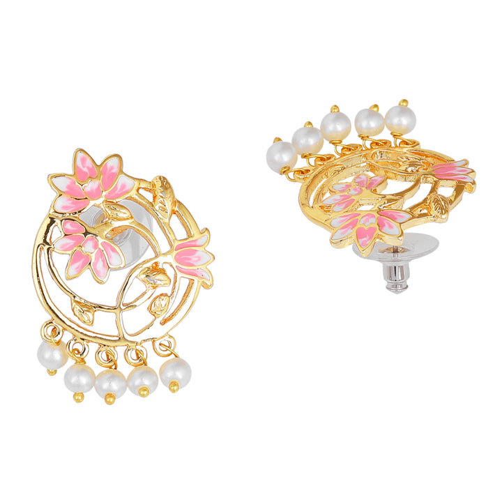 Estele Gold Plated Stylish Lotus Designer Pearl Choker Necklace Set with Pink Enamel for Girl's & Women