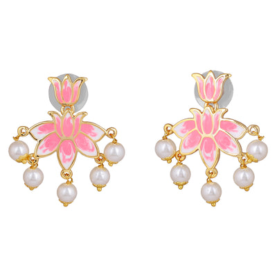 Estele Gold Plated Lotus Designer Dazzling Pearl Drop Earrings with Pink Enamel for Girl's & Women