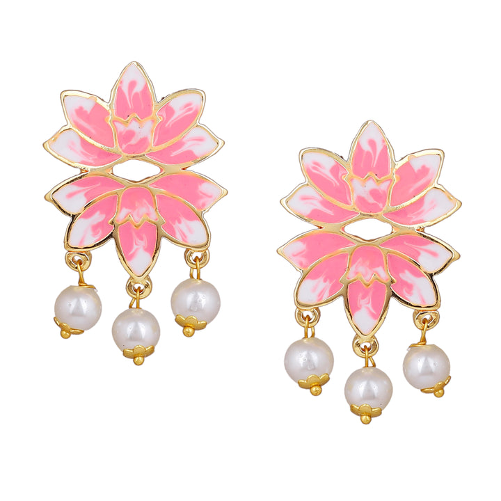 Estele Gold Plated Alluring Lotus Designer Pearl Drop Earrings with Pink Enamel for Girl's & Women