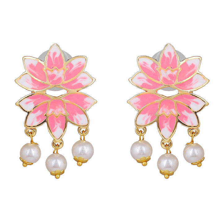 Estele Gold Plated Alluring Lotus Designer Pearl Drop Earrings with Pink Enamel for Girl's & Women