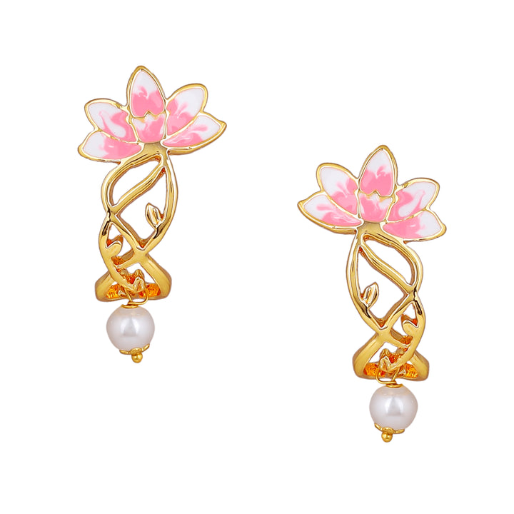 Estele Gold Plated Lotus Designer Three Line Pearl Necklace Set with Pink Enamel for Girls & Women