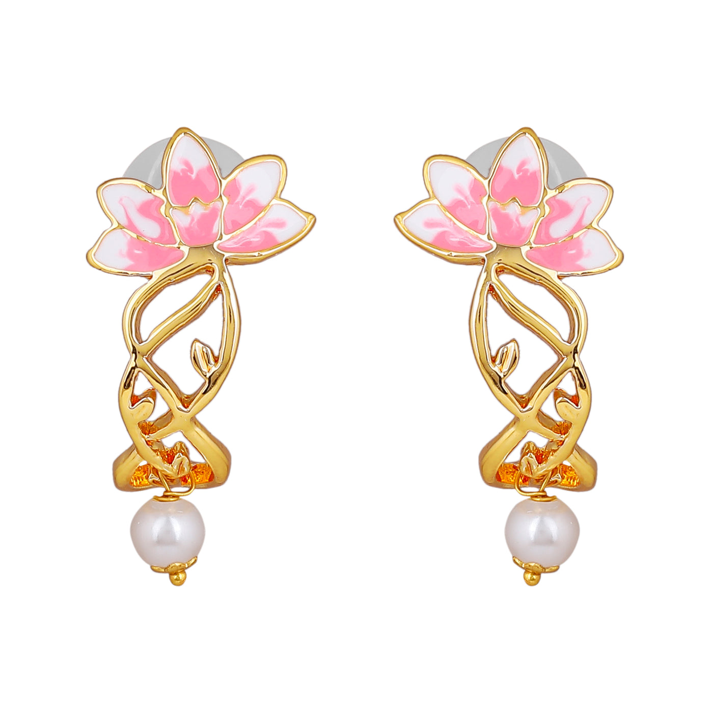 Estele Gold Plated Lotus Designer Three Line Pearl Necklace Set with Pink Enamel for Girls & Women