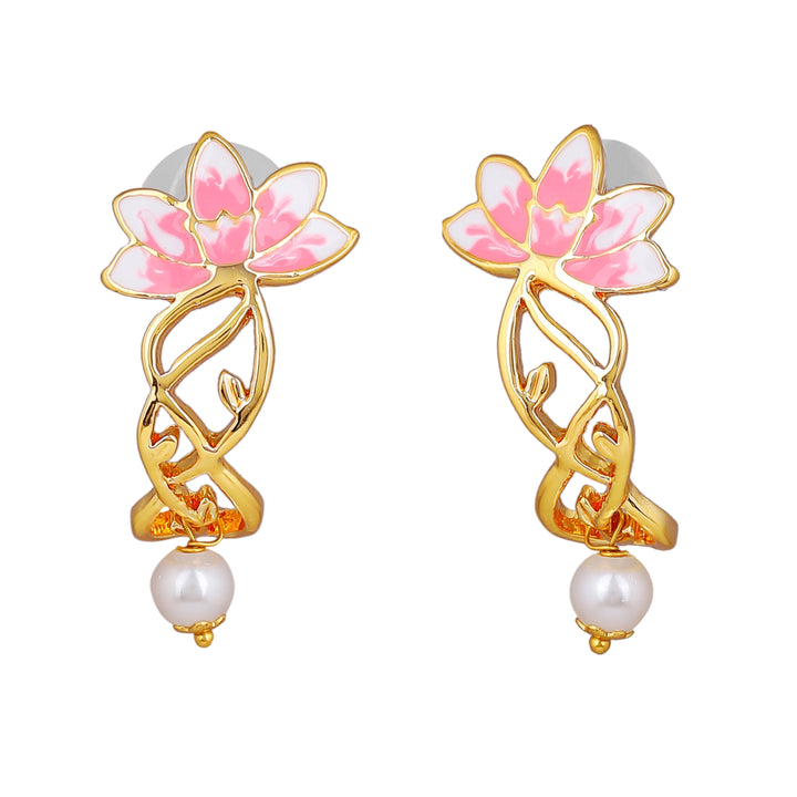 Estele Gold Plated Lotus Designer Three Line Pearl Necklace Set with Pink Enamel for Girls & Women