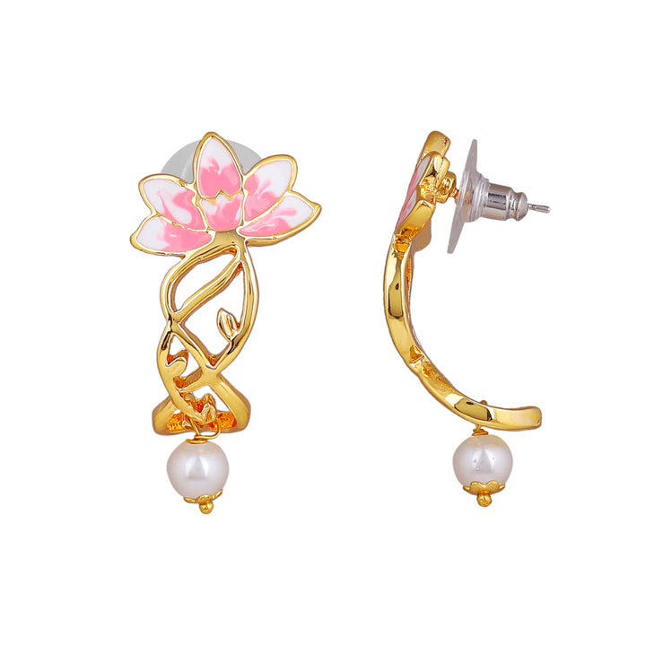 Estele Gold Plated Lotus Designer Three Line Pearl Necklace Set with Pink Enamel for Girls & Women