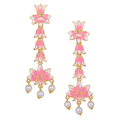 Estele Gold Plated Pink Enamelled Lotus Designer Splendid Pearl Drop & Dangler Earrings for Girl's & Women