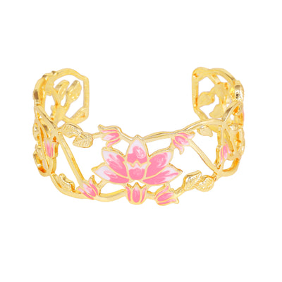 Estele Gold Plated Pink Enamelled Lotus Designer Gorgeous Cuff Bracelet for Girl's & Women