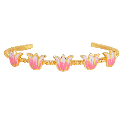 Estele Gold Plated Pink Enamelled Lotus Designer Enchanting Cuff Bracelet for Girl's & Women