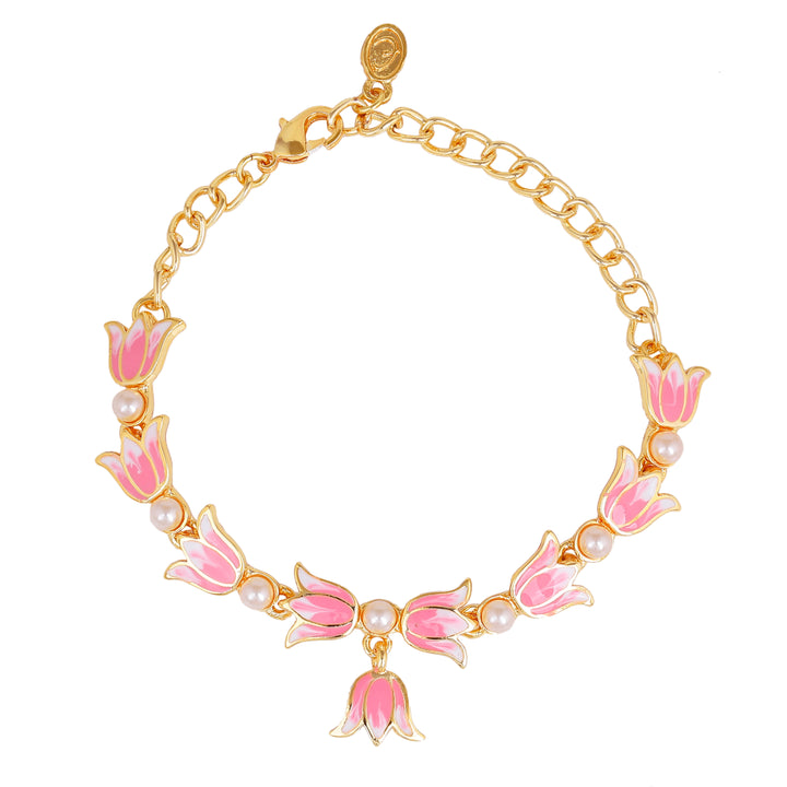 Estele Gold Plated Pink Enamelled Lotus Designer Link Chain Adjustable Bracelet with Pearls for Girl's & Women