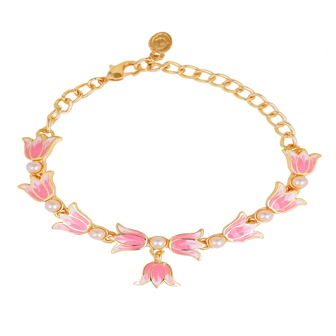 Estele Gold Plated Pink Enamelled Lotus Designer Link Chain Adjustable Bracelet with Pearls for Girl's & Women