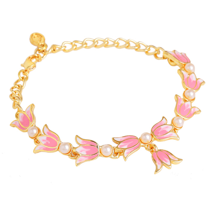 Estele Gold Plated Pink Enamelled Lotus Designer Link Chain Adjustable Bracelet with Pearls for Girl's & Women