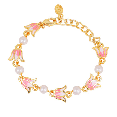 Estele Gold Plated Pink Enamelled Lotus Designer Pearls Beaded Link Chain Adjustable Bracelet for Girl's & Women