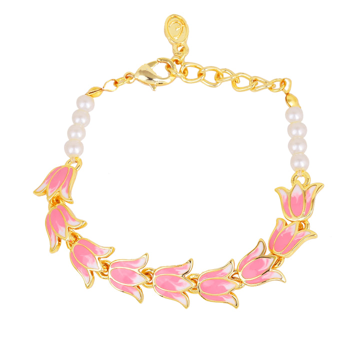 Estele Gold Plated Pink Enamelled Lotus Designer Link Chain Adjustable Bracelet with Pearls for Girl's & Women