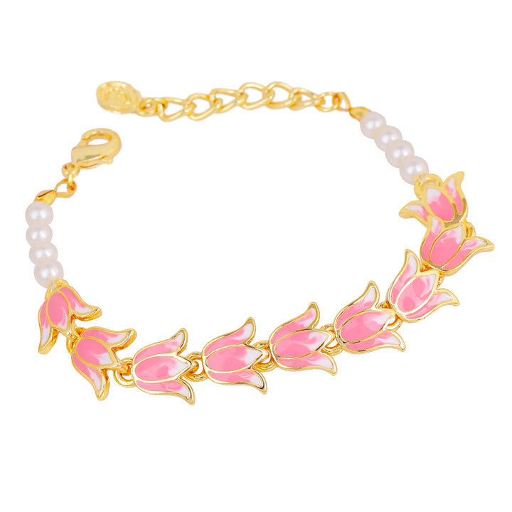 Estele Gold Plated Pink Enamelled Lotus Designer Link Chain Adjustable Bracelet with Pearls for Girl's & Women