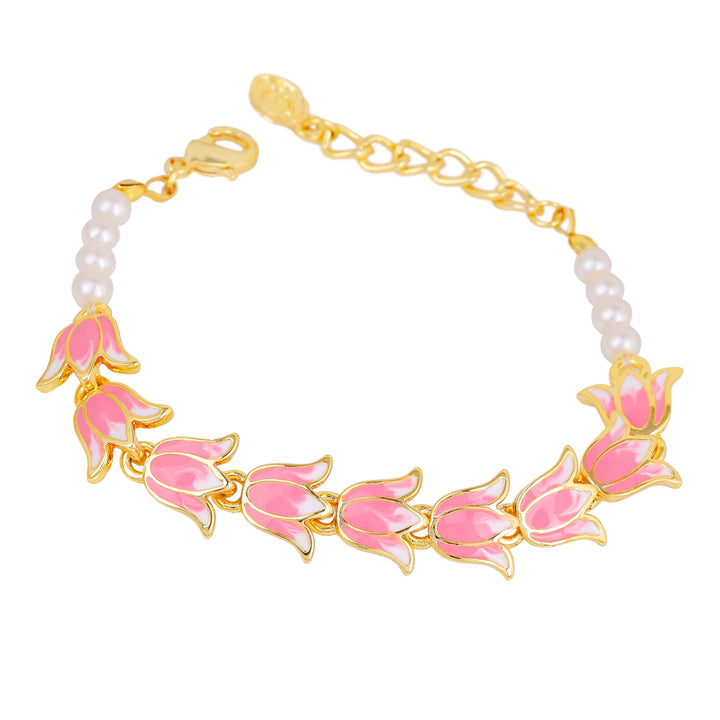 Estele Gold Plated Pink Enamelled Lotus Designer Link Chain Adjustable Bracelet with Pearls for Girl's & Women