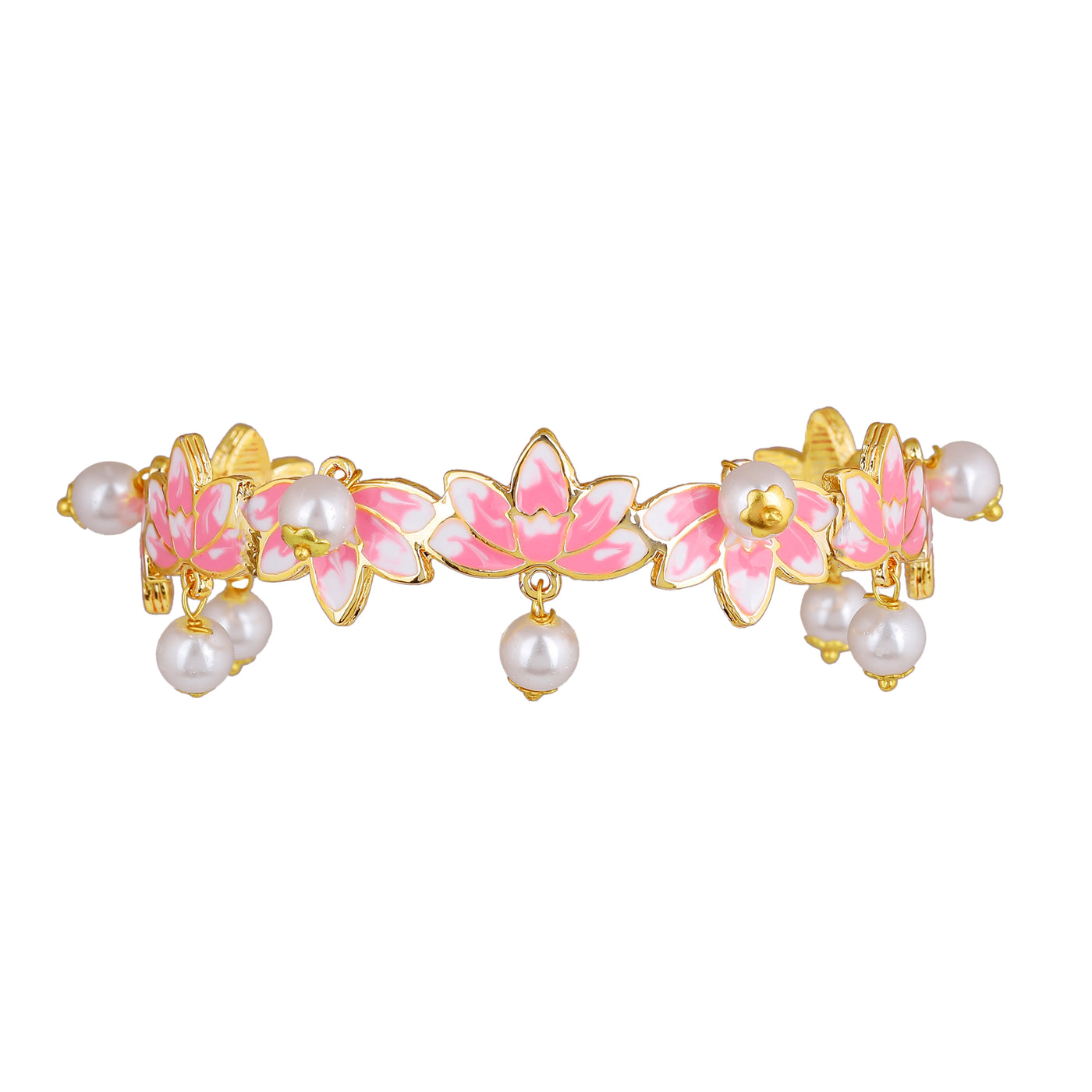 Estele Gold Plated Pink Enamelled Lotus Designer Charismatic Pearl Drop Cuff Bracelet for Girl's & Women