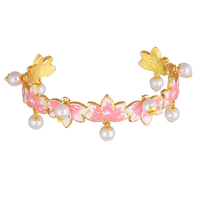 Estele Gold Plated Pink Enamelled Lotus Designer Charismatic Pearl Drop Cuff Bracelet for Girl's & Women