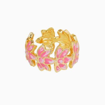 Estele Gold Plated Pink Enamelled Lotus Designer Adjustable Finger Ring for Girl's & Women