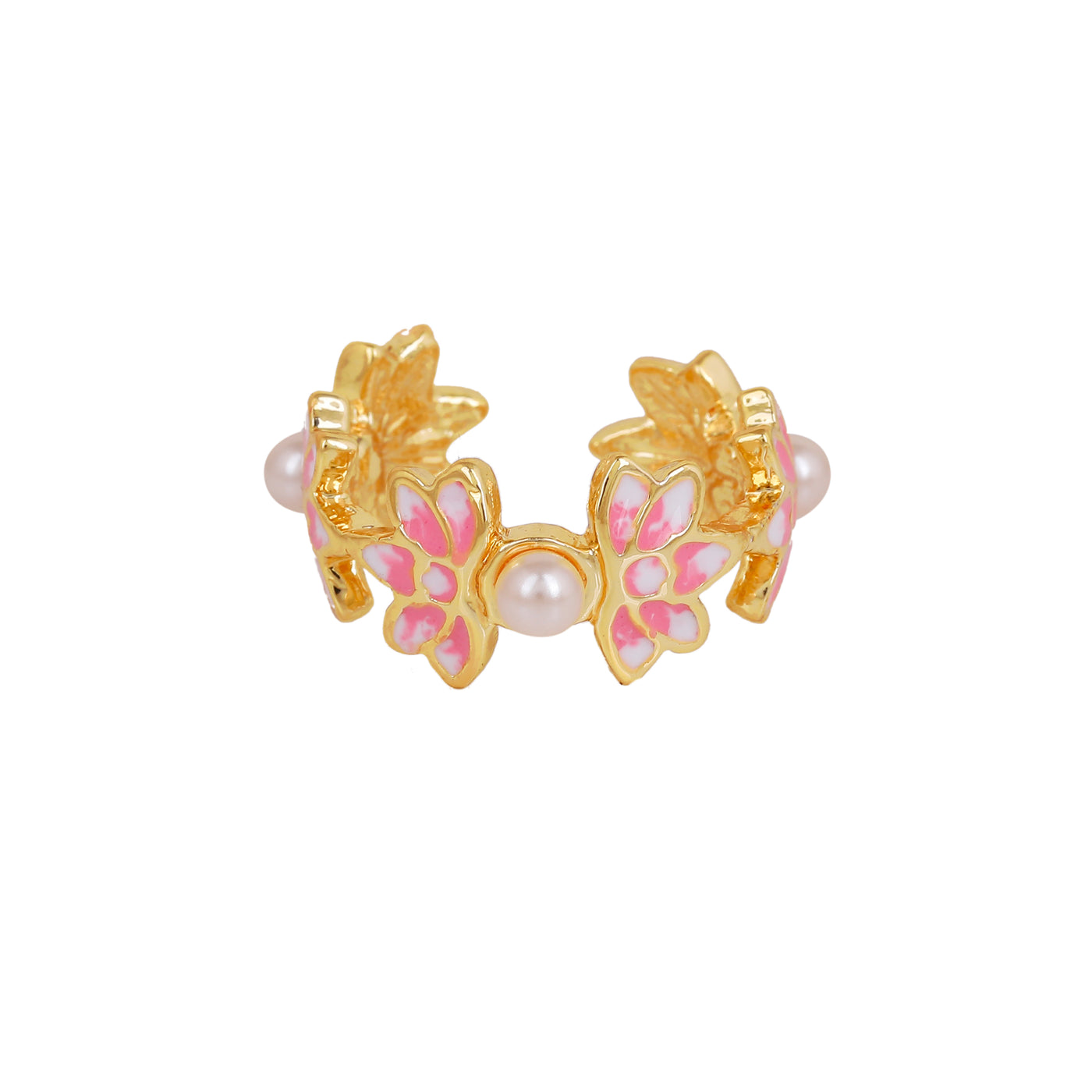 Estele Gold Plated Pink Enamelled Lotus Designer Adjustable Finger Ring with Pearls for Girl's & Women