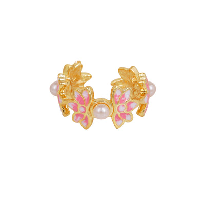 Estele Gold Plated Pink Enamelled Lotus Designer Adjustable Finger Ring with Pearls for Girl's & Women