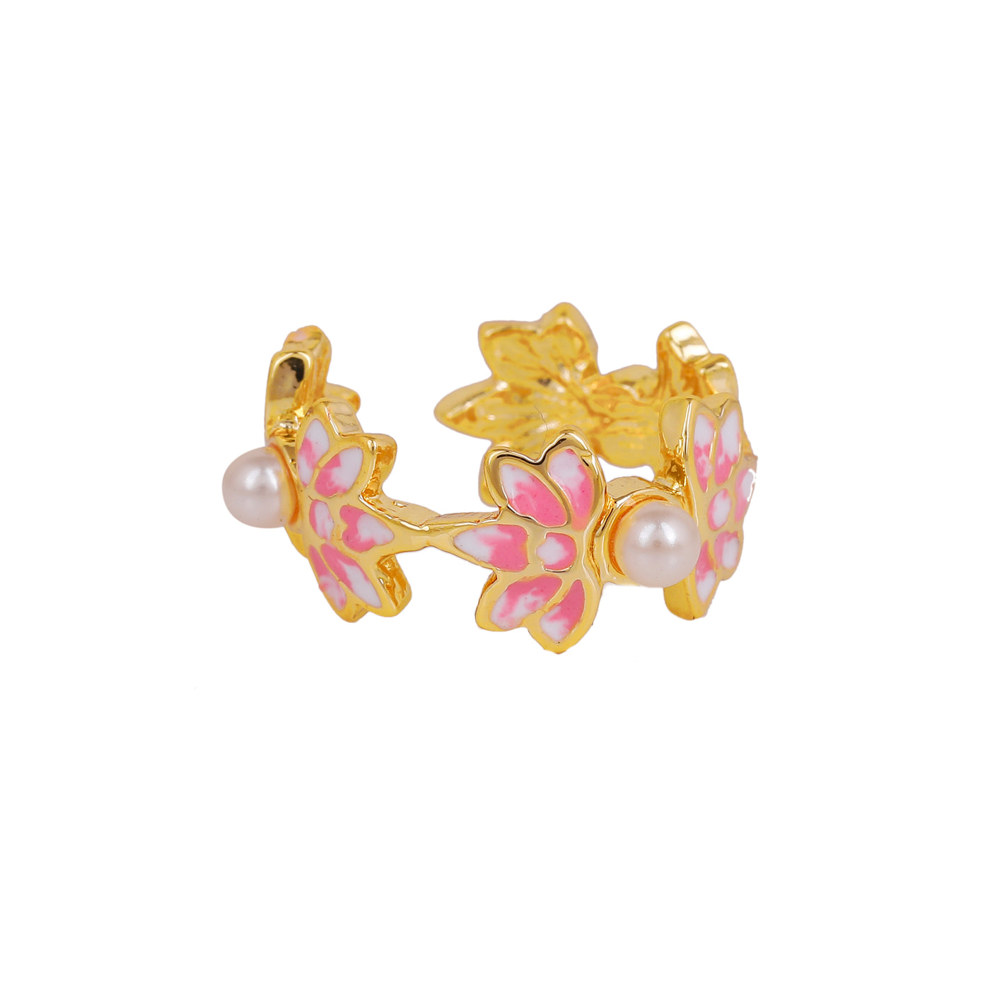 Estele Gold Plated Pink Enamelled Lotus Designer Adjustable Finger Ring with Pearls for Girl's & Women