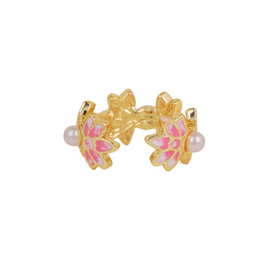 Estele Gold Plated Pink Enamelled Lotus Designer Adjustable Finger Ring with Pearls for Girl's & Women