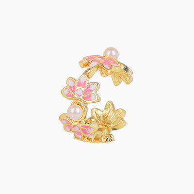 Estele Gold Plated Pink Enamelled Lotus Designer Adjustable Finger Ring with Pearls for Girl's & Women