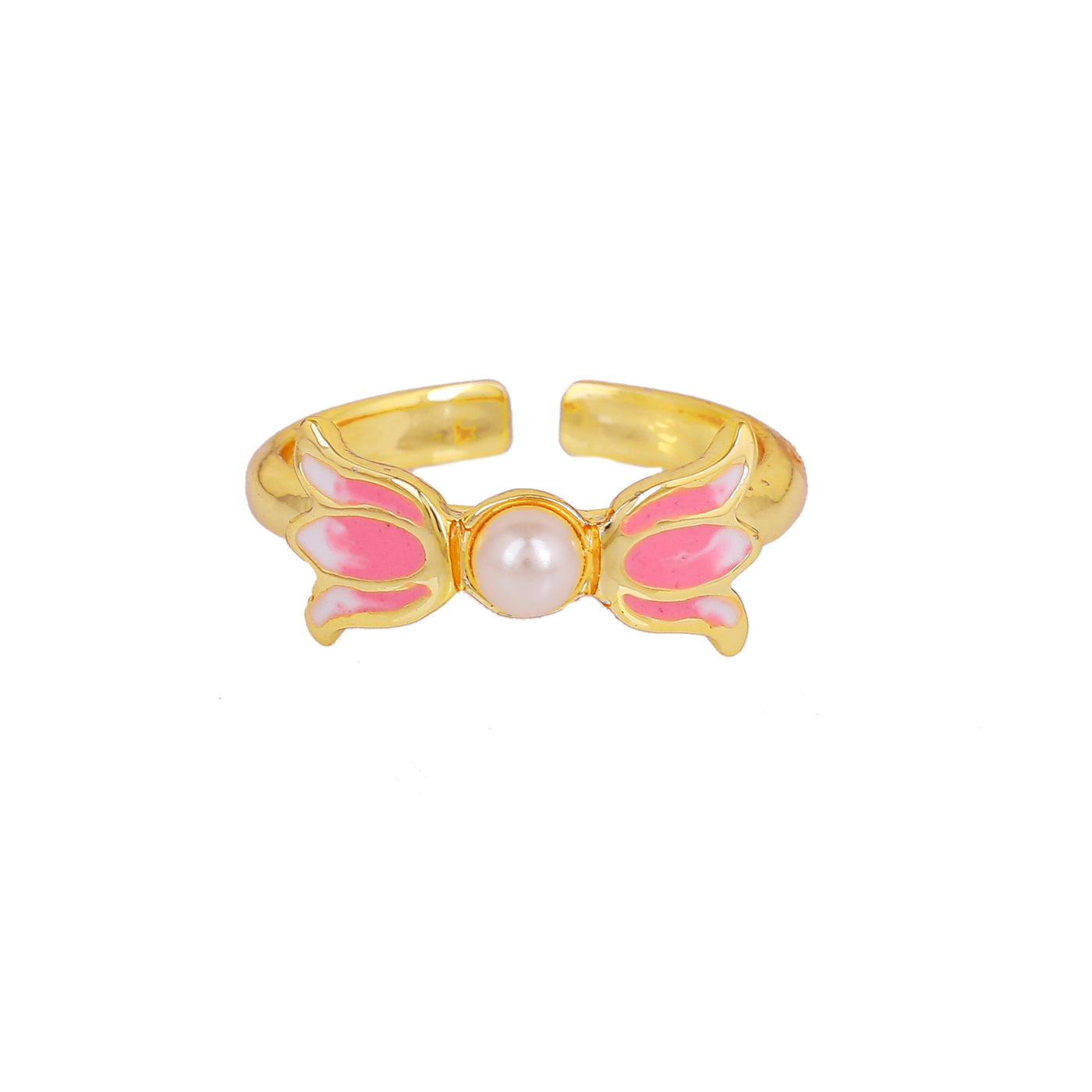 Estele Gold Plated Pink Enamelled Lotus Designer Adjustable Finger Ring with Pearls for Girl's & Women