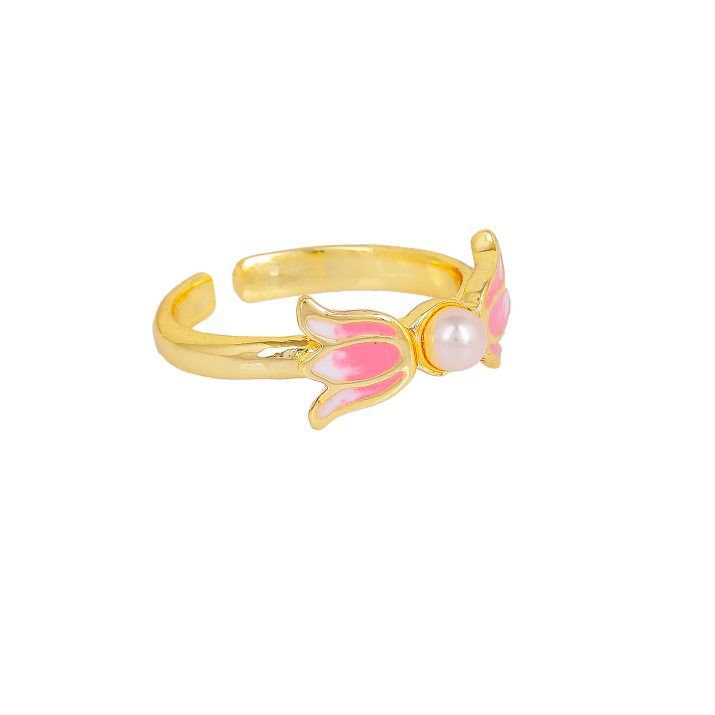 Estele Gold Plated Pink Enamelled Lotus Designer Adjustable Finger Ring with Pearls for Girl's & Women