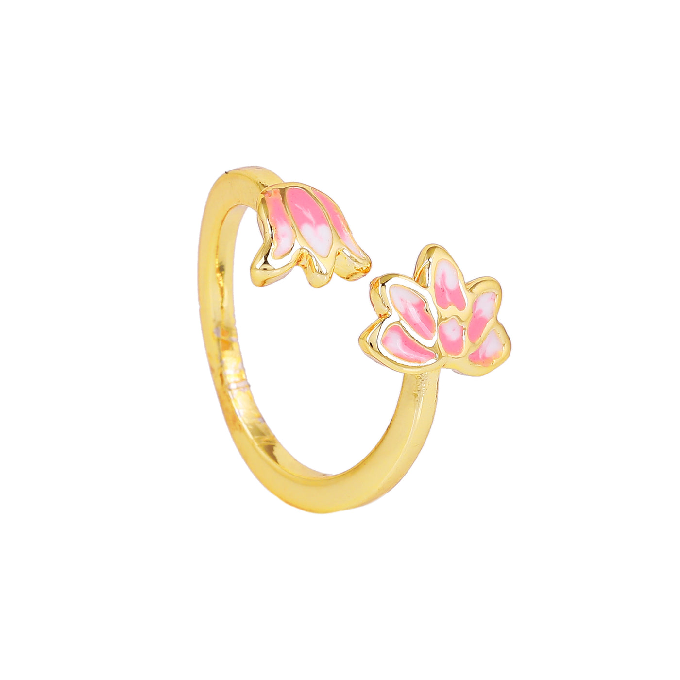 Estele Gold Plated Pink Enamelled Lotus Designer Adjustable Finger Ring for Girl's & Women