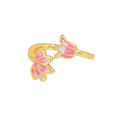 Estele Gold Plated Pink Enamelled Lotus Designer Adjustable Finger Ring for Girl's & Women