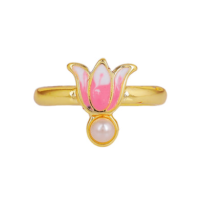 Estele Gold Plated Pink Enamelled Lotus Designer Stylish Adjustable Finger Ring with Pearl for Girl's & Women