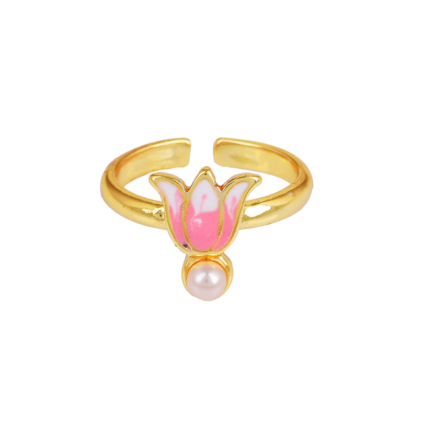 Estele Gold Plated Pink Enamelled Lotus Designer Stylish Adjustable Finger Ring with Pearl for Girl's & Women