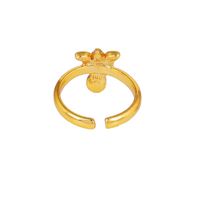 Estele Gold Plated Pink Enamelled Lotus Designer Stylish Adjustable Finger Ring with Pearl for Girl's & Women