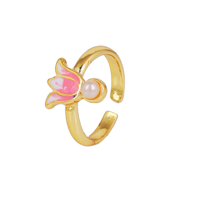 Estele Gold Plated Pink Enamelled Lotus Designer Stylish Adjustable Finger Ring with Pearl for Girl's & Women