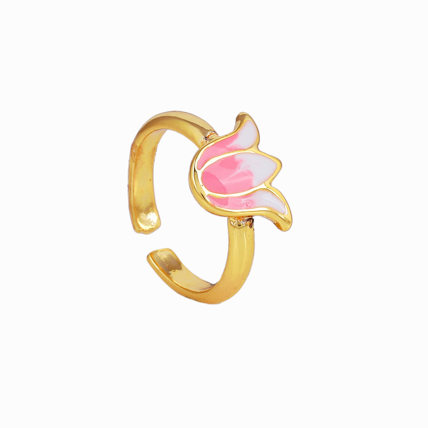 Estele Gold Plated Pink Enamelled Lotus Designer Stylish Adjustable Finger Ring for Girl's & Women