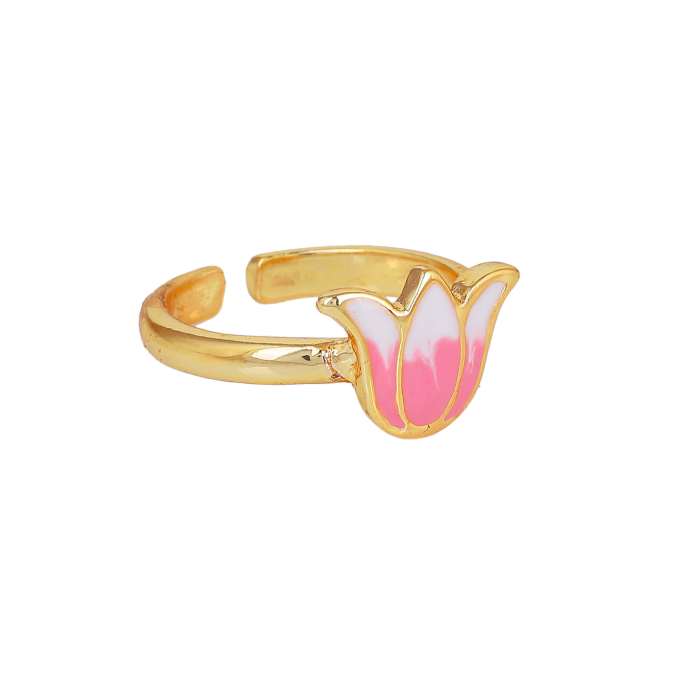 Estele Gold Plated Pink Enamelled Lotus Designer Stylish Adjustable Finger Ring for Girl's & Women