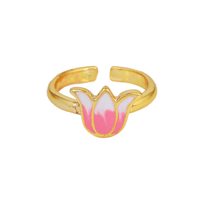 Estele Gold Plated Pink Enamelled Lotus Designer Stylish Adjustable Finger Ring for Girl's & Women