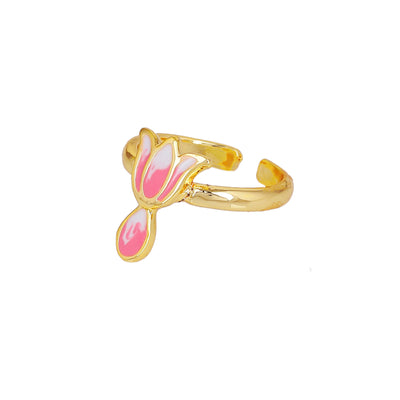 Estele Gold Plated Pink Enamelled Lotus Designer Adjustable Finger Ring for Girl's & Women