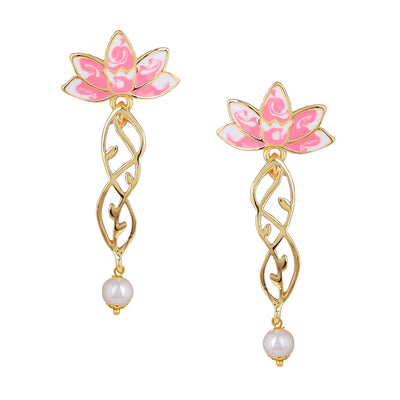 Estele Gold Plated Gorgeous Lotus Designer Pearl Drop Necklace Set with Pink Enamel for Girl's & Women