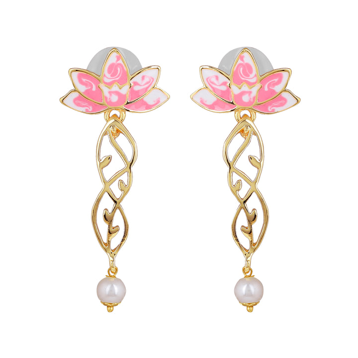 Estele Gold Plated Gorgeous Lotus Designer Pearl Drop Necklace Set with Pink Enamel for Girl's & Women