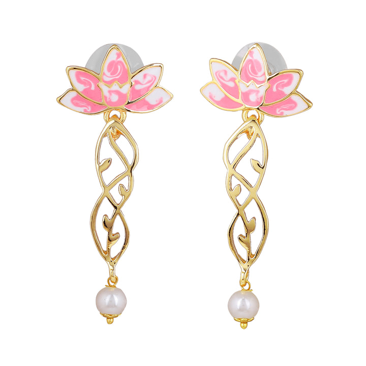 Estele Gold Plated Gorgeous Lotus Designer Pearl Drop Necklace Set with Pink Enamel for Girl's & Women