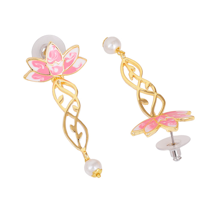 Estele Gold Plated Gorgeous Lotus Designer Pearl Drop Necklace Set with Pink Enamel for Girl's & Women